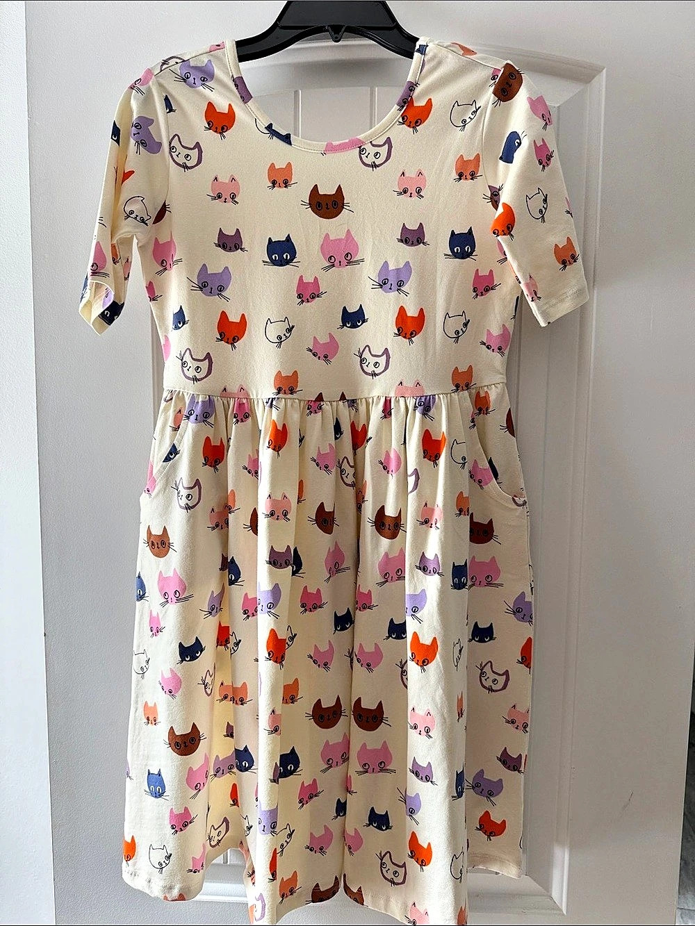 Quince Organic Cotton Fit and Flare Pocket Dress Cat Print Dress Girls 12
